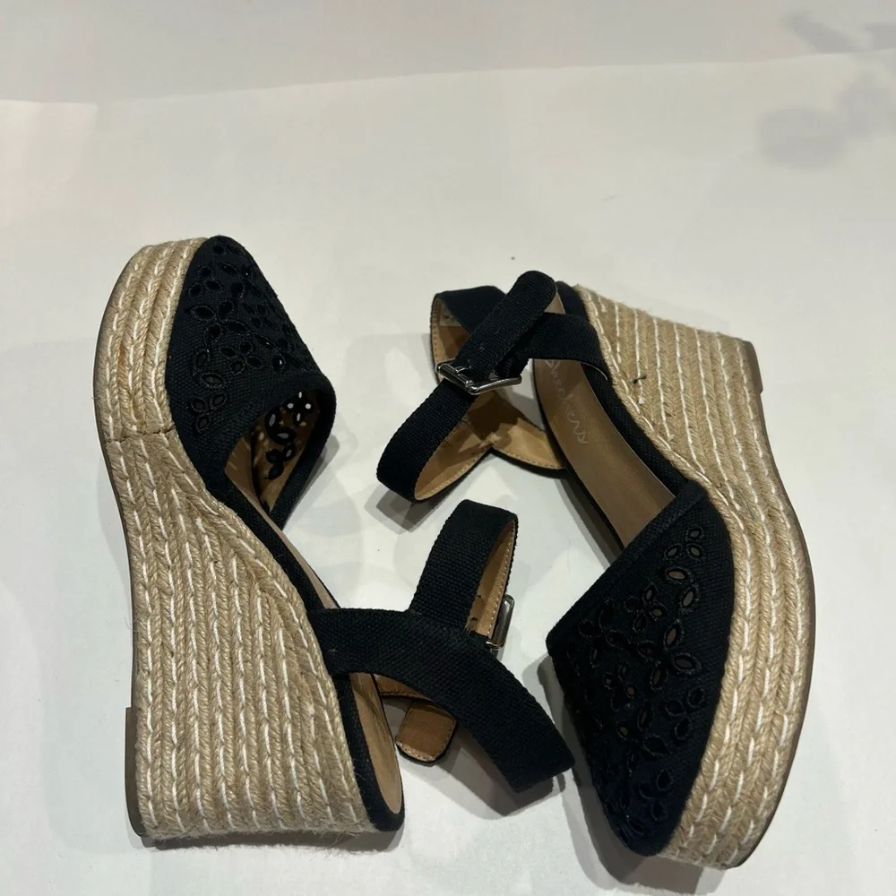 Skechers Black Cut out Espadrille Wedge Sandals size 8 boho spring summer shoe